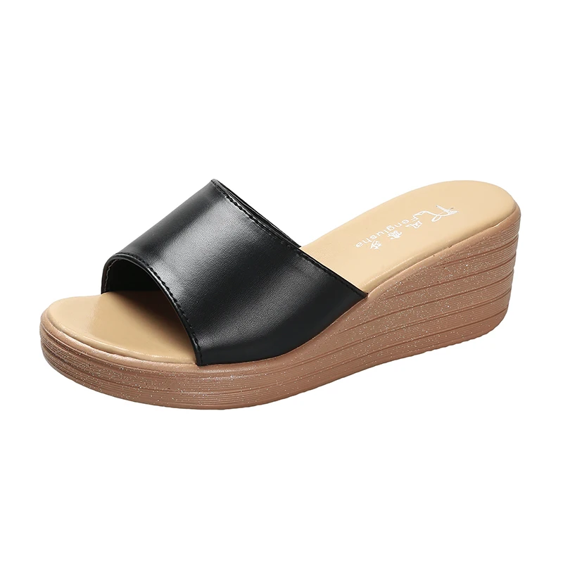 

House Slippers Platform High-Heeled Shoes Lady On A Wedge Slides Summer Clogs Woman Fashion Soft Beach Luxury PU Slippers Casual
