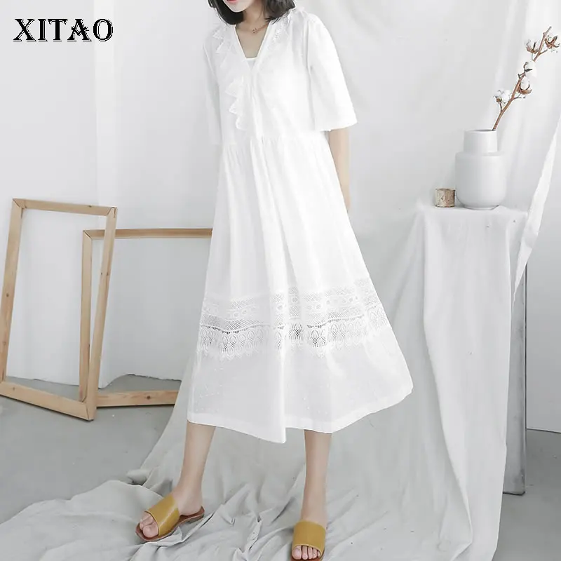 

Женское кружевное платье XITAO, корейское однотонное ажурное платье с V-образным вырезом и коротким рукавом, KZH2361, лето 2018