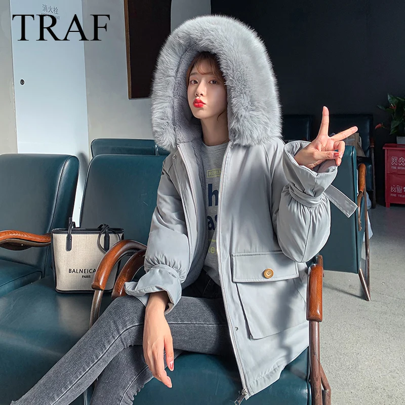 

TRAF ZA Jackets 2021 Warm Thick Fleece Hooded Winter Jacket Loose Multicolor Liner Parka Female Casual Long Coat Women Clothes