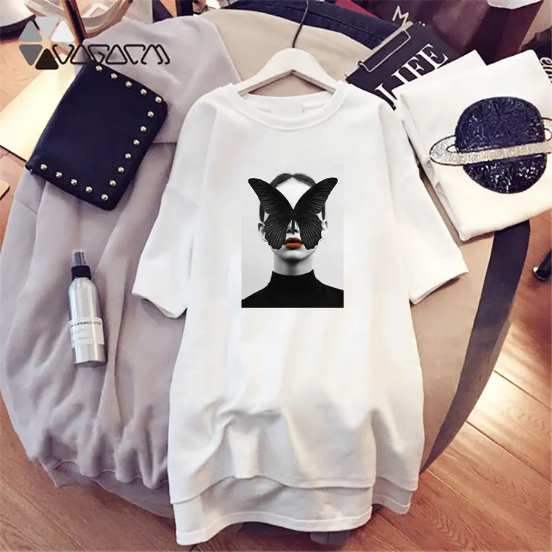 Летние женские платья Повседневная Свободная черная женская футболка с