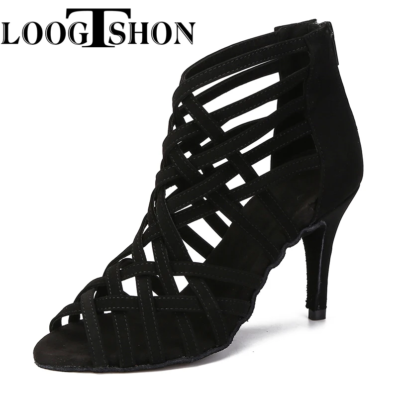 LoogtshonWoman High Top Latin Dance Shoes  Black Ballroom Dance Boots Women Salsa Tango Dancing Shoes Girls Soft Bottom Party Sa