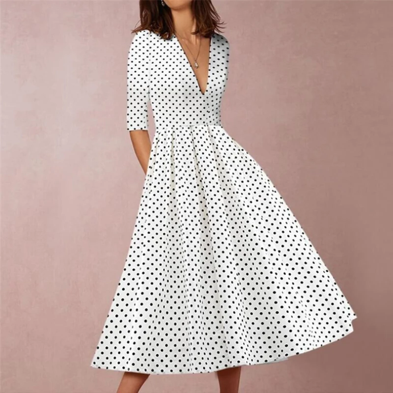 

Summer Large Half Sleeves Print Dot White Maxi Red V Neck Plus Size Sexy Party Dress Vintage Office Long Female