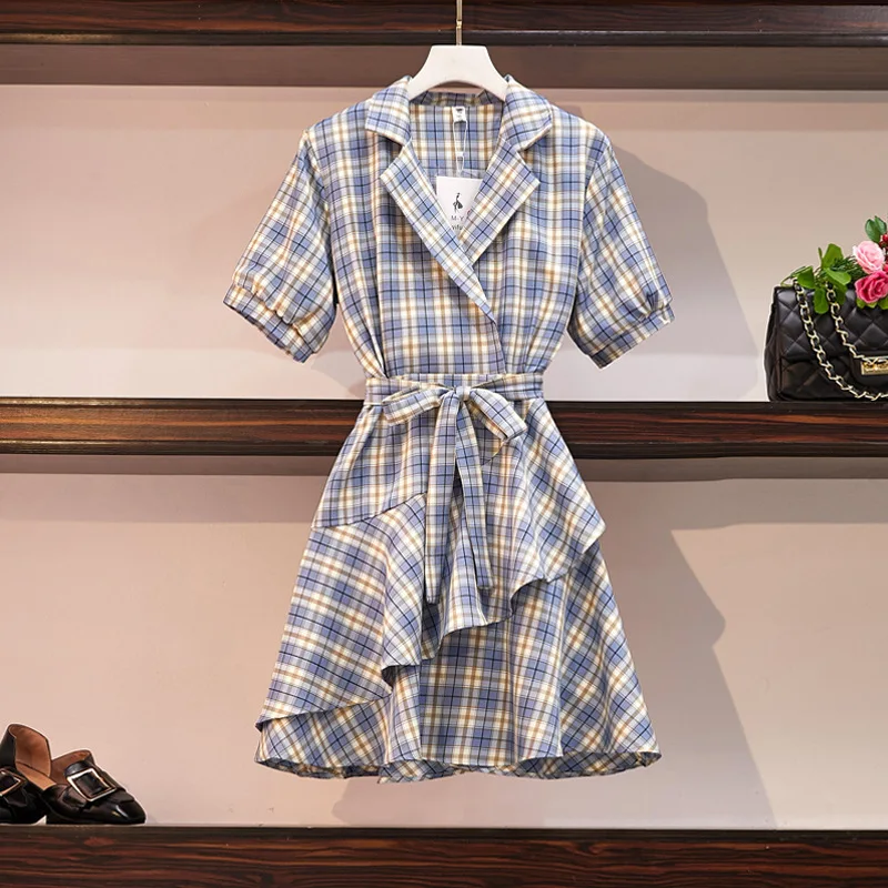 

Summer Plus Size Women's Dresses New Korean Fashion Loose Thin Casual Skirt Spring Female Retro Literary Irregular Plaid Dresses