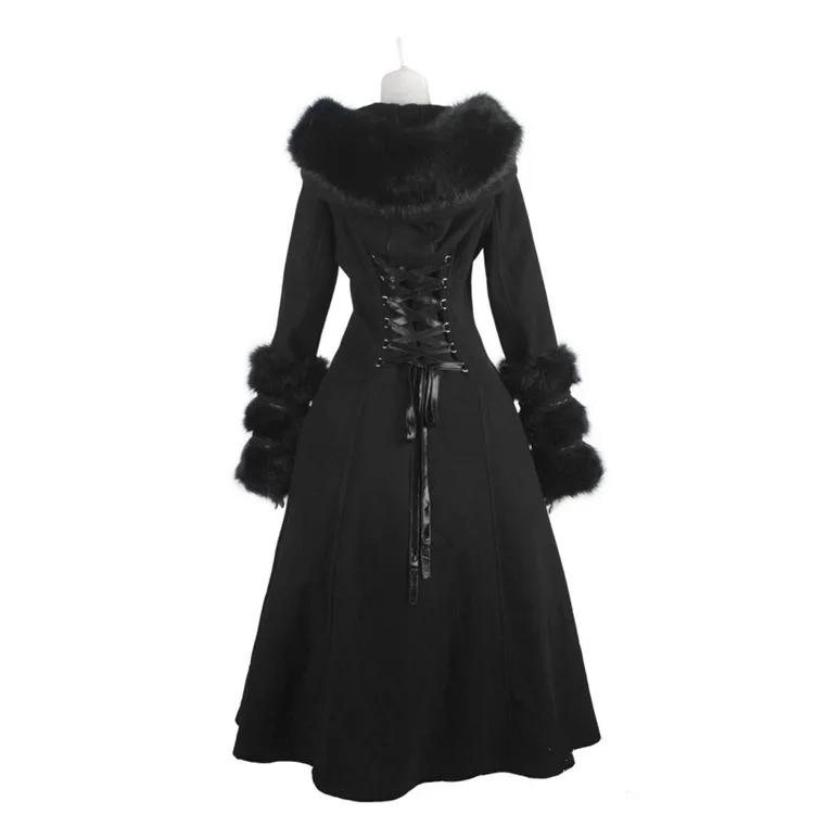 Женское пальто с капюшоном винтажное в готическом стиле меховым воротником