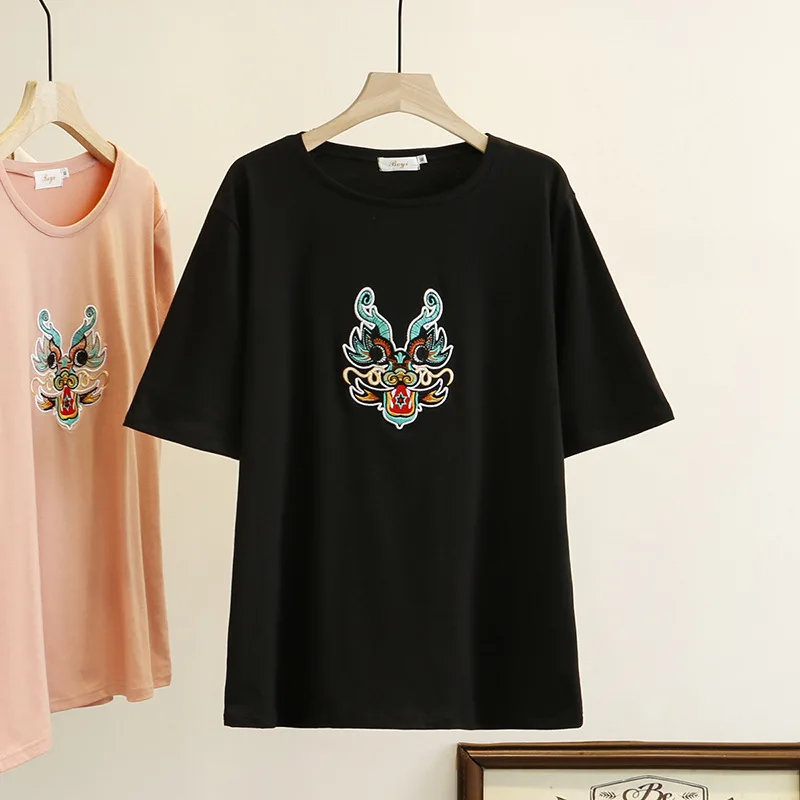Китайский дракон вышивка футболка Женские повседневные футболки новая летняя