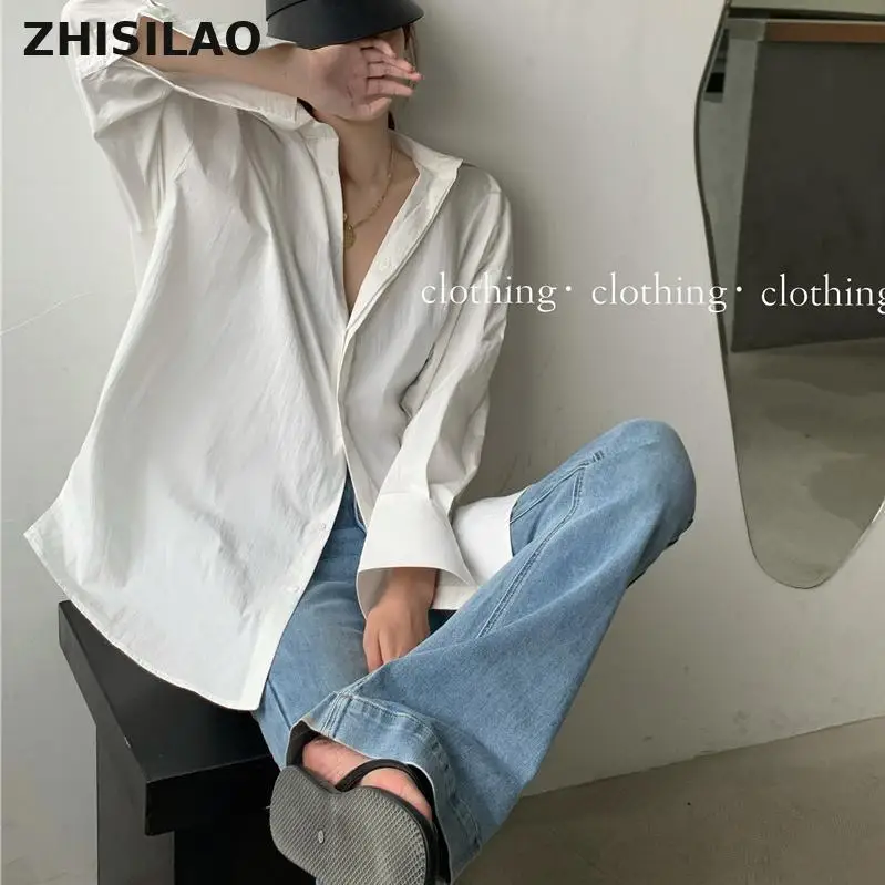 

ZHISILAO Fashion White Blouse Women Casual Loose Oversize Single Breasted Long Sleeve Shirt Mujer Autumn 2021 Tops