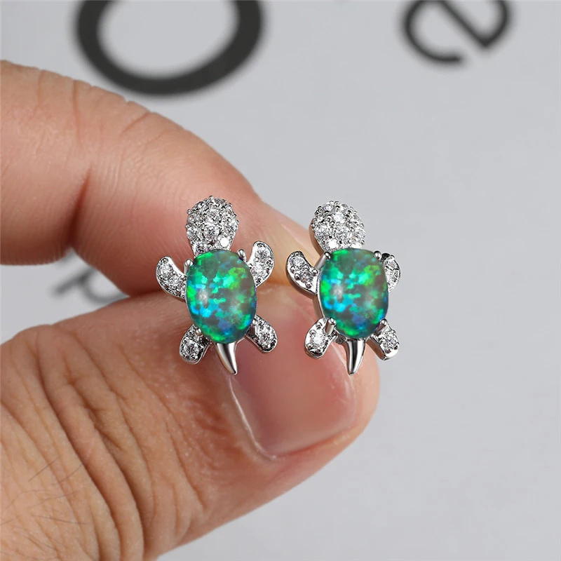 Женские Симпатичные Черепаха серьги гвоздики овальный камень зеленый опал для