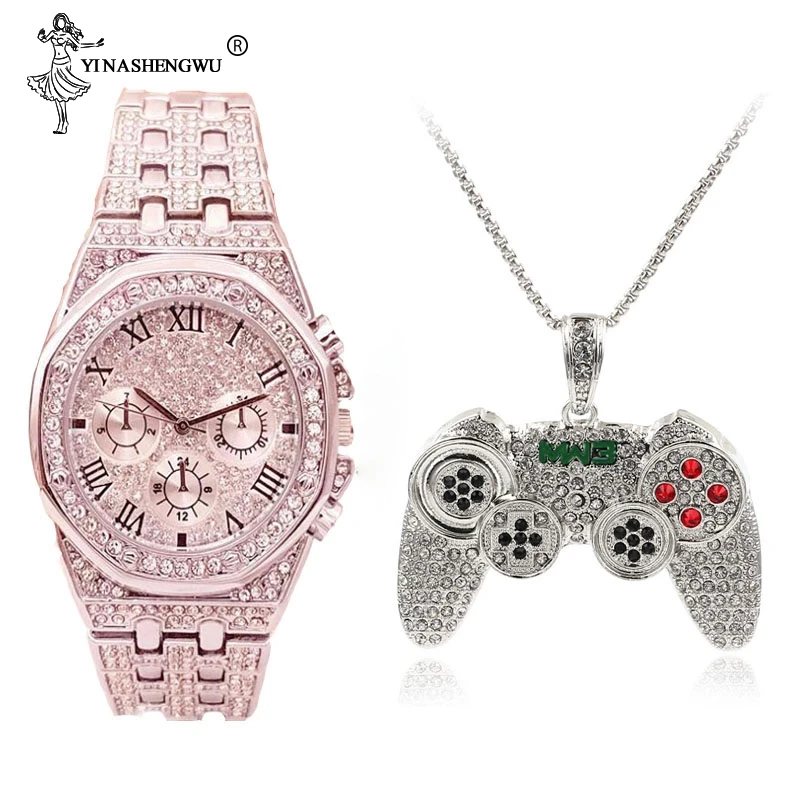 

Iced Out Game Controller Handle Pendant Necklace & Watch Set For Women Men Gold CZ Crystal Rhinestone Man Jewelry Necklaces Gift