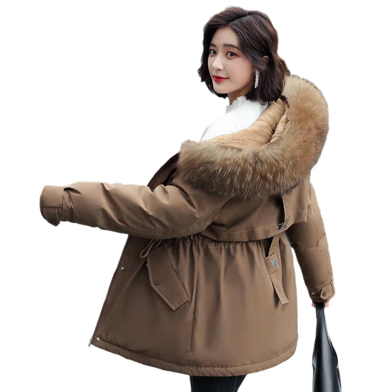 2021 New Fashion Women Snow Hooded Coats Warm Fur Collar Thick Jacket Mid-length Parkas Coats with Zipper Winter Clothes Women
