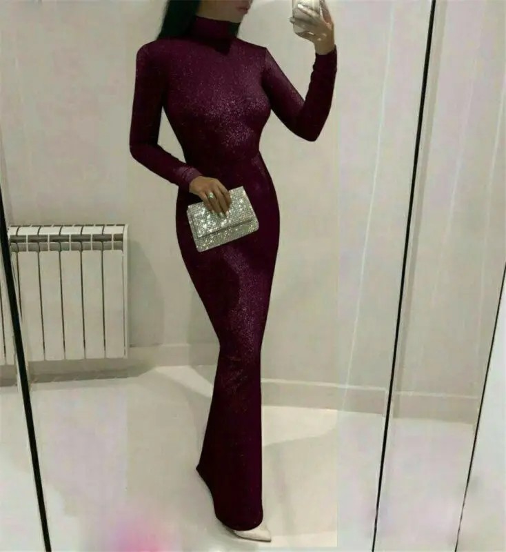 Женское длинное платье с блестками элегантное облегающее водолазка длинным