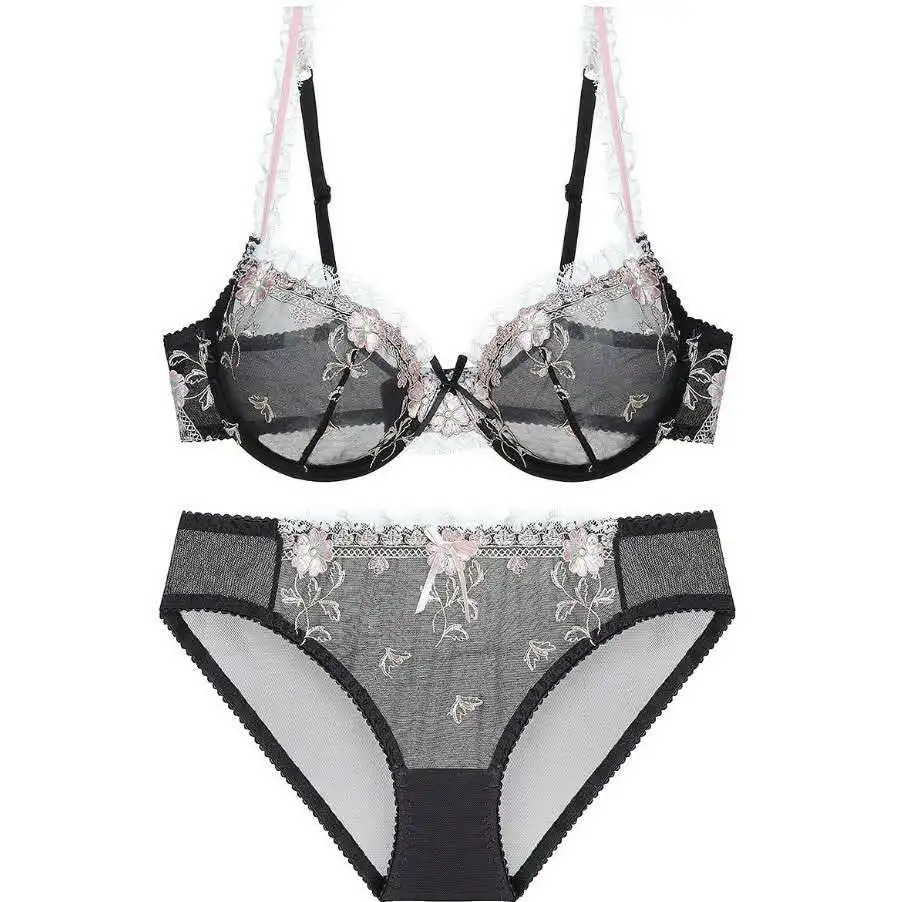 

Lace Lingerie Set Floral Embroidery Women Bra Set String See Through Underwear Set Transparent Sexy Lingerie