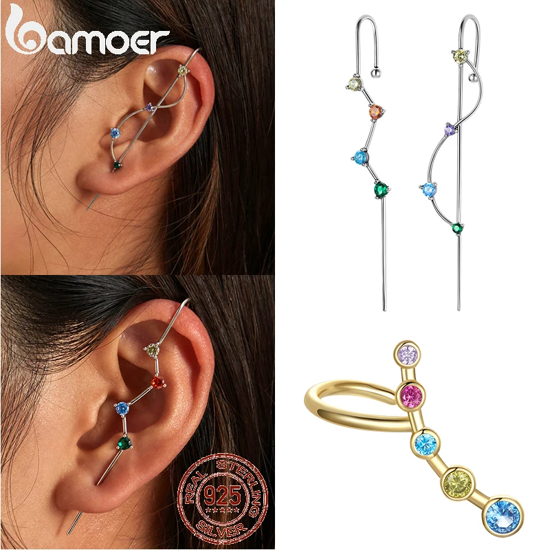 bamoer 925 Sterling Silver 1Piece Colorful Multiple Zirconium Ear Needle-Lightning Stud Earring for Women Ear Cuff DIY Jewelry