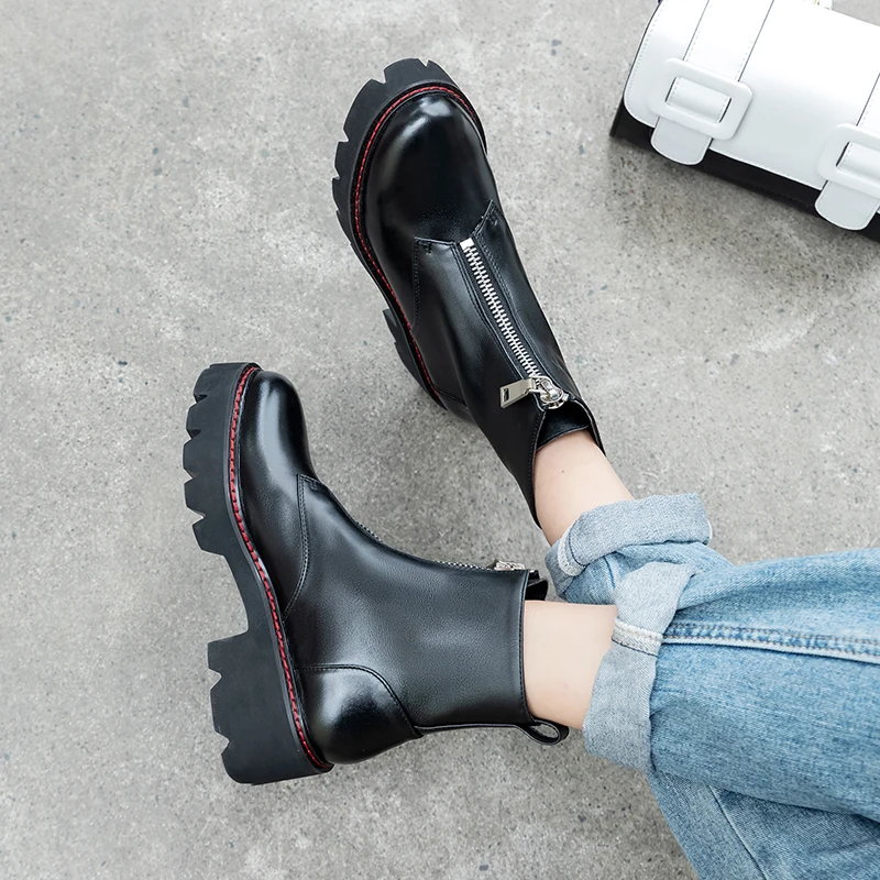 Женские ботинки; ботинки из натуральной кожи; черные ботинки Martens; женские ботильоны; мотоботы; зимняя обувь на платформе и толстом каблуке