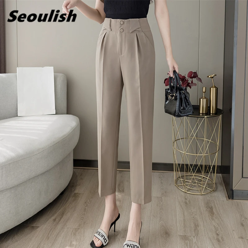 

Seoulish 2021 New Autumn Winter Button Formal Women Harem Pants Solid High Waist Elegant Office Lady Ankle Length Trouser Female