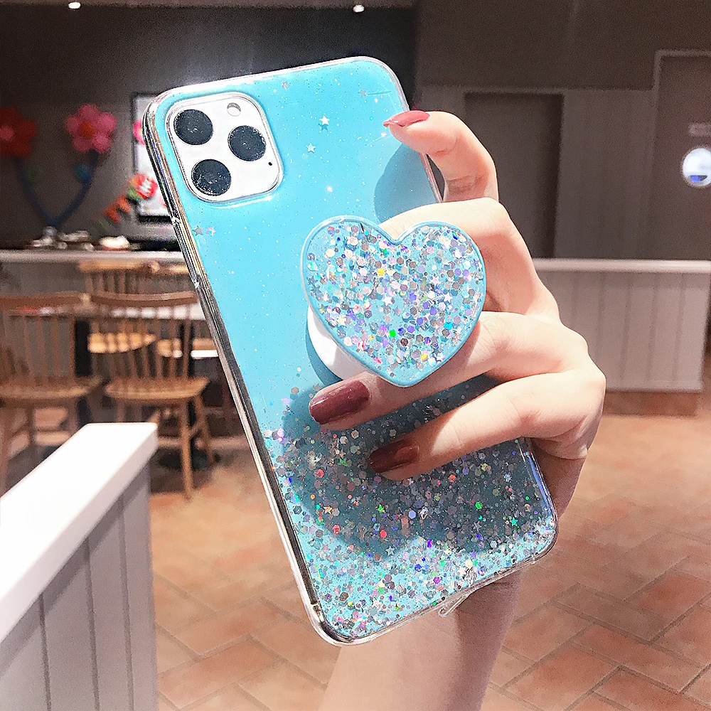 Блестящий блестящий чехол для iPhone 11 Pro Max XS XR X 6s 6 7 8 Plus тонкий с подставкой чехлы