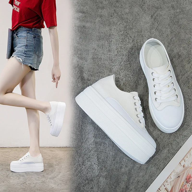 

New Leopard print women's breathable canvas increased walking shoes thick bottom Korean genuine leather sneakers women N6-54