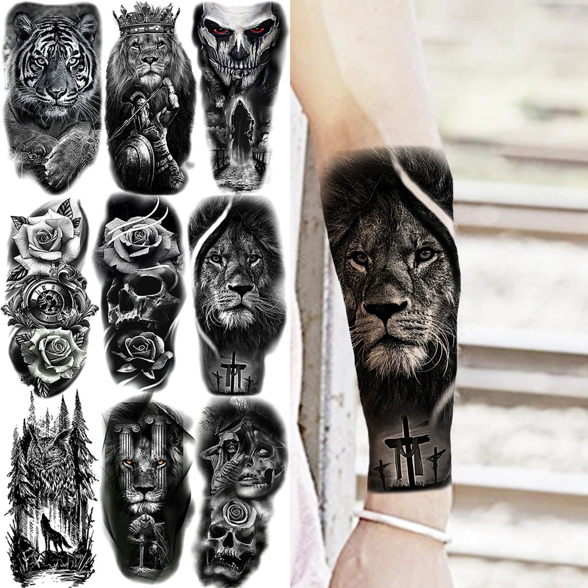 

Big Lion Temporary Tattoos Realistic Tiger Forest Skull Clown Fake Tattoo Sticker For Men Adults Arm Leg Water Transfer Tatoos