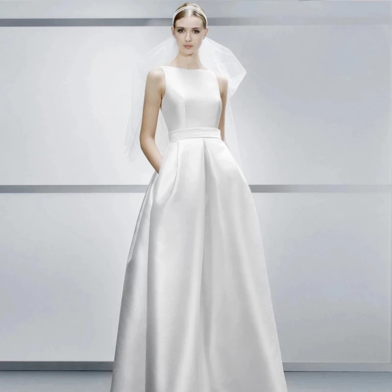 

White Backless Wedding Dress Satin A-line Thin with Pocket New vestidos de novia wedding party Dress Elegant Wedding Gown