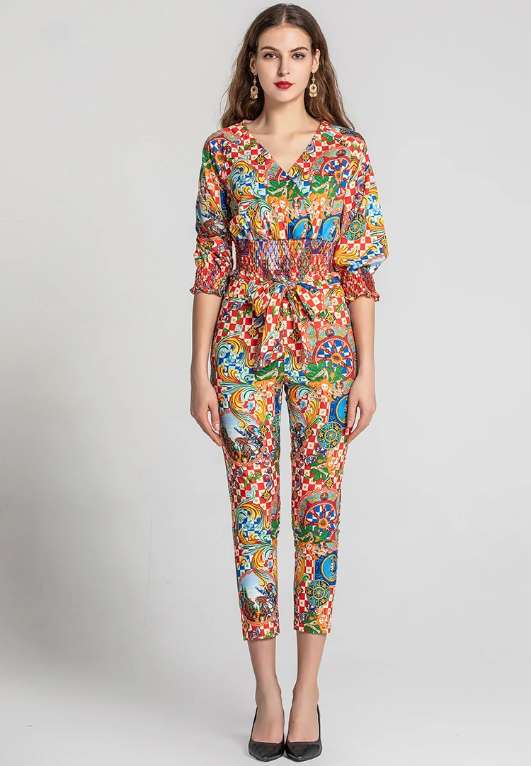 Женские Подиумные комбинезоны сексуальный v образный вырез 3/4 рукава с принтом на