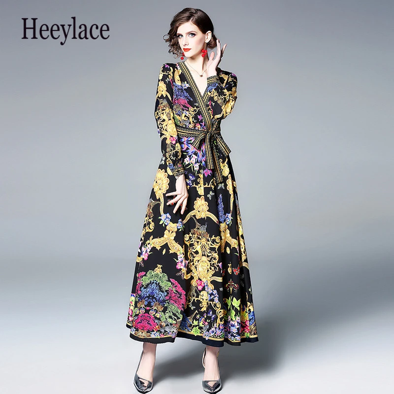 2019 весеннее Макси платье с v образным вырезом Женские Длинные рукава ретро