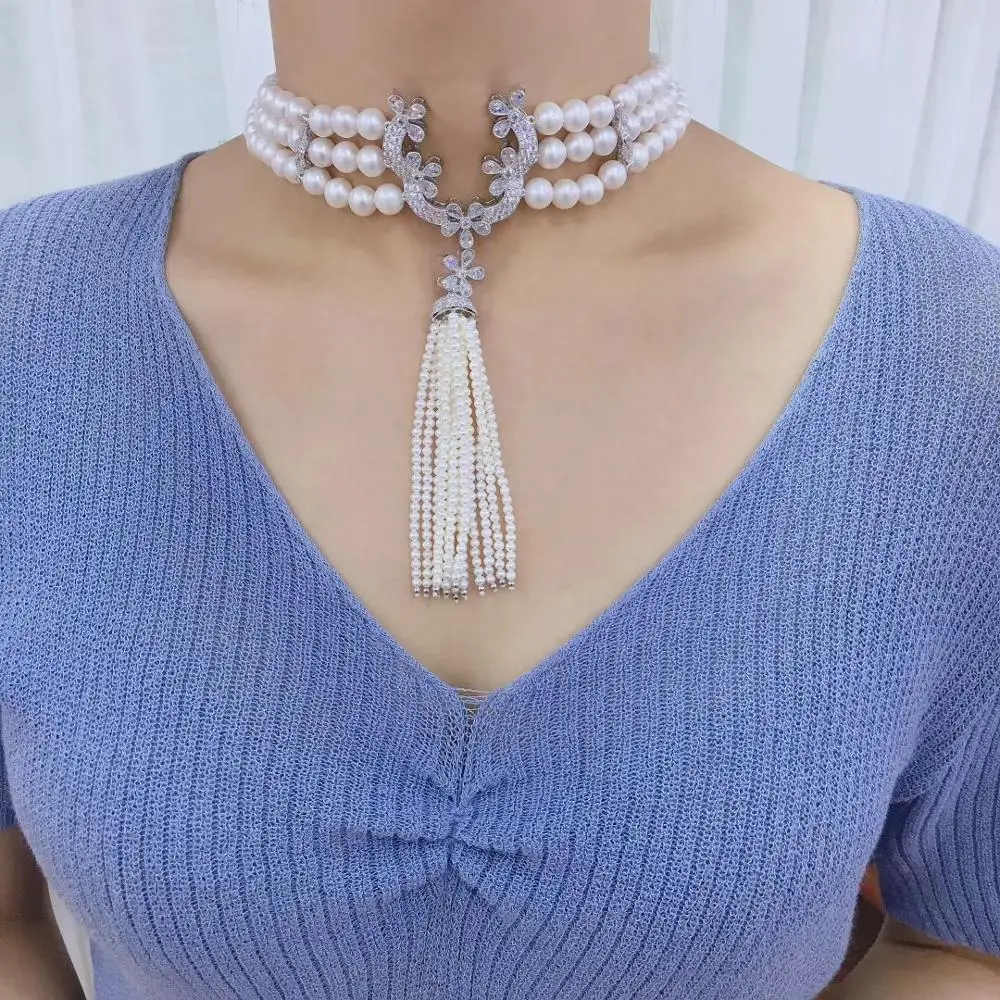 Comprar Gargantilla De Perla Natural De Agua Dulce De 8-9MM, Collar Con Múltiples Capas, Borlas De Circonia Cúbica De Plata De Ley 925, Acepta Pedido De Cualquier Longitud