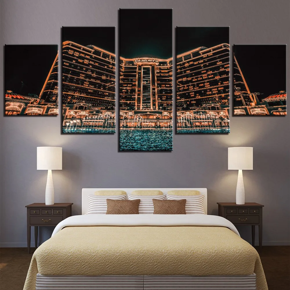 

5 Pieces City Night Scenery Canvas Painting Building Posters Neon Lights Edifice Wallpapers For Home Room Decor Artwork