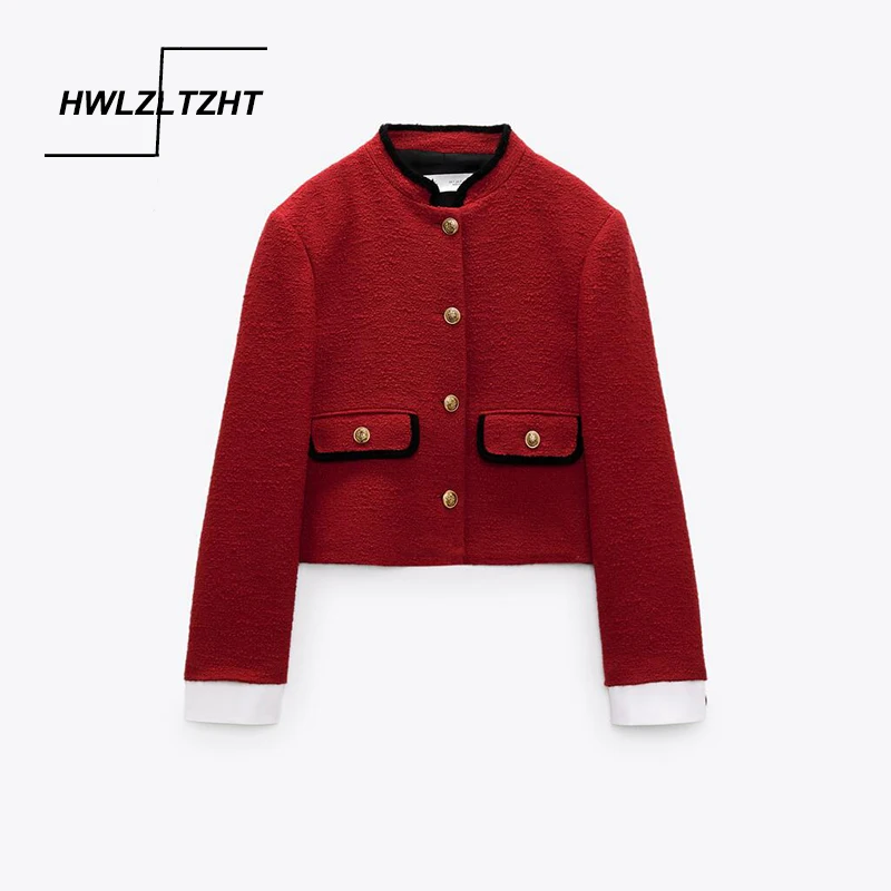 

HWLZLTZHT 2021, Женская текстурированная укороченная куртка, осенняя винтажная красная куртка с длинным рукавом, пальто, женская Повседневная Вер...