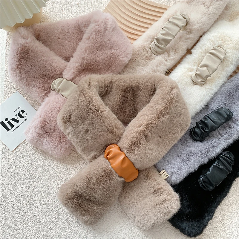 

Designer White Black Faux Rabbit Fur Collar Scarf Leather Buckle Scarf Plush Thick Scarf Solid Color Warm Cross Neck Scarves