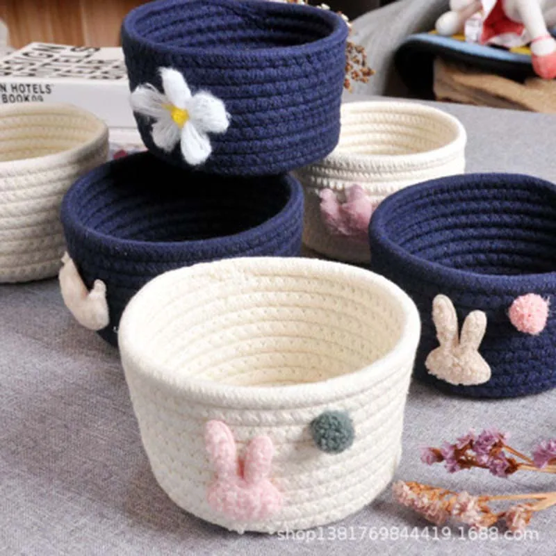 

Cotton Rope Woven Basket With Fluffy Crown Rabbit Pattern Sundries Baskets Makeup Cosmetic Desktop Organizer Nordic Style 1piece