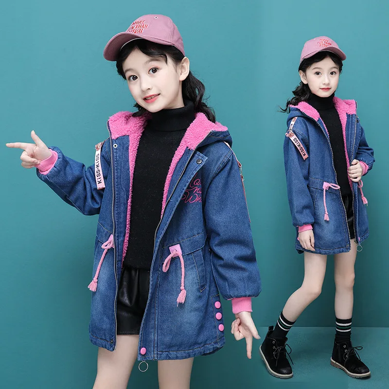 Girls Jackets Winter Thick Cowboy Coats Lamb Wool Children Outerwear Berber Fleece Girl Denim Long Jacket Kids | Детская одежда и
