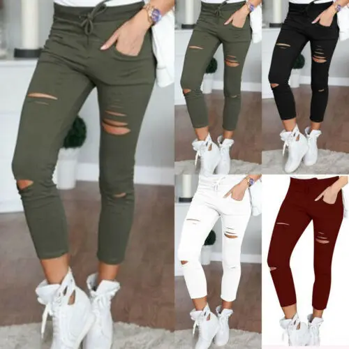 

Cargo Pants Women Fashion Slim High Waisted Stretchy Skinny Broken Hole Pencil Pants Solid Color Streetwear Trousers Womens