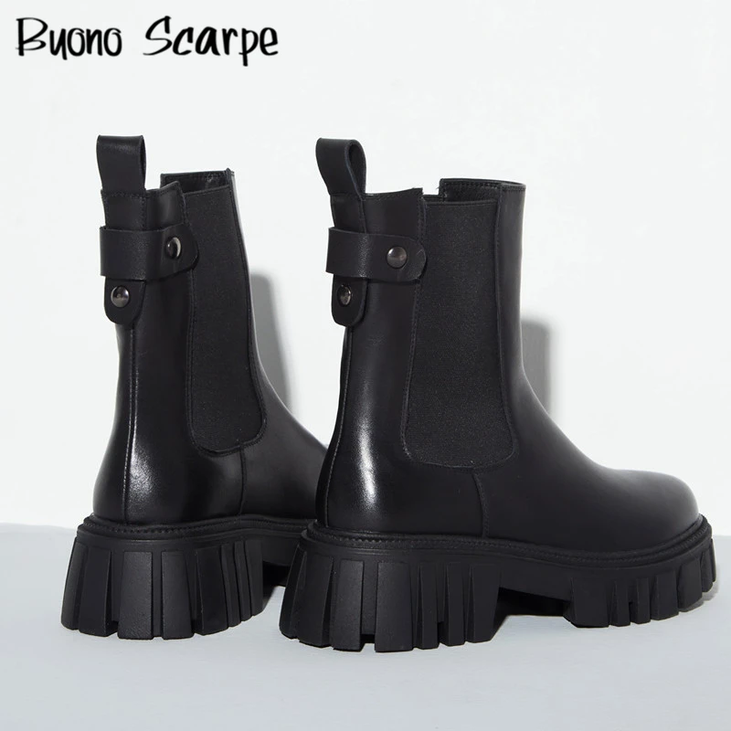 

Chunky Platform Boots Women's Ankle Boots Black Leather Thick Bottom Short Boots Motorcycle Boots Slip On Winter Shoes Women