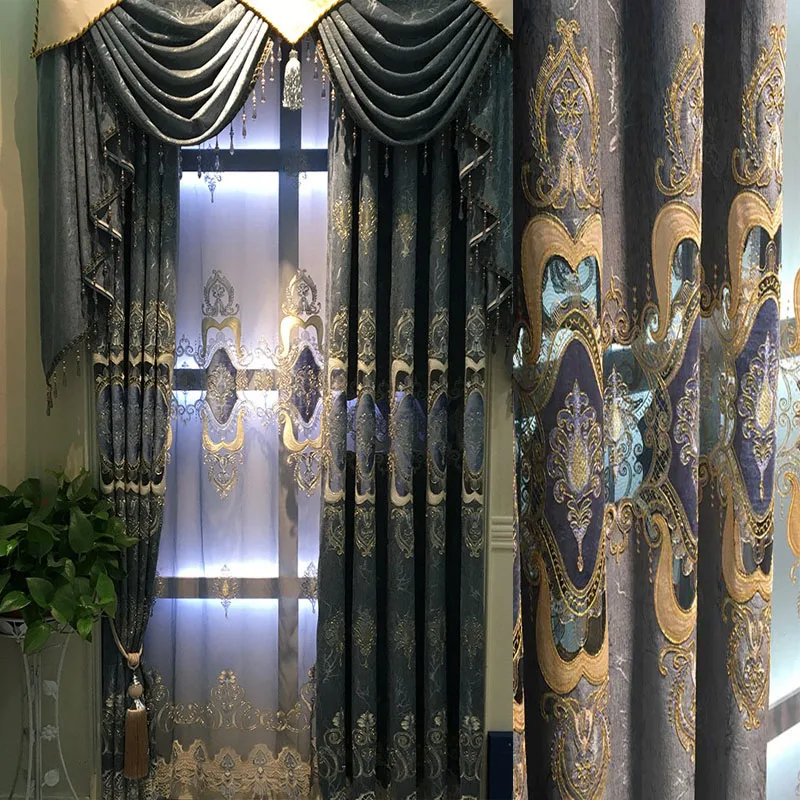 Роскошные шенильные шторы с вышивкой для гостиной полые королевский синий