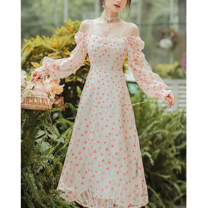 

2021 Spring And Fall Niche Dress Women French Sweet Square Collar Midi Dress Pearl Floral Feminine Dress Elegant Lace Dress New