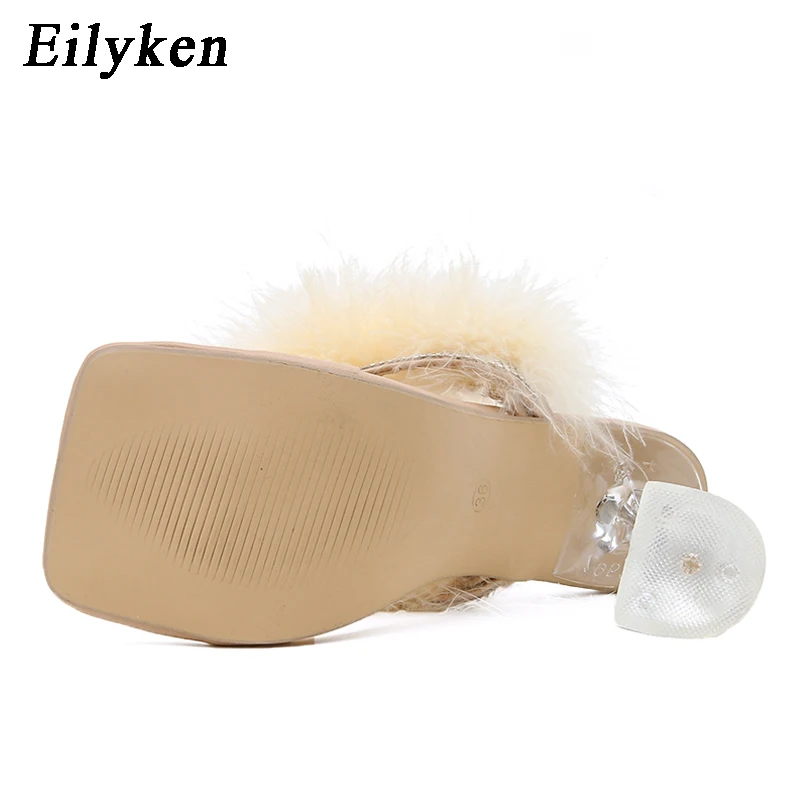 Eilyken летние шлепанцы женские пушистые сланцы Модные прозрачные туфли с
