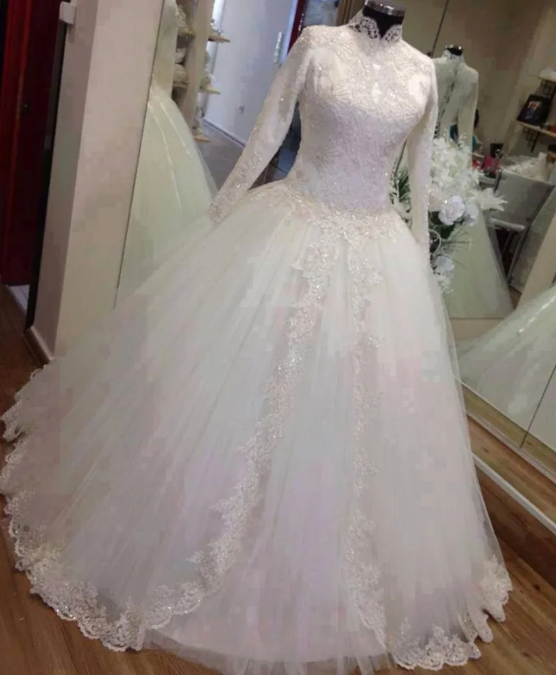 

Robe de mariage Ball Gown lace Wedding Dresses 2018 Lace Appliqued Long Sleeve high neck Muslim Princess Islamic wedding dress