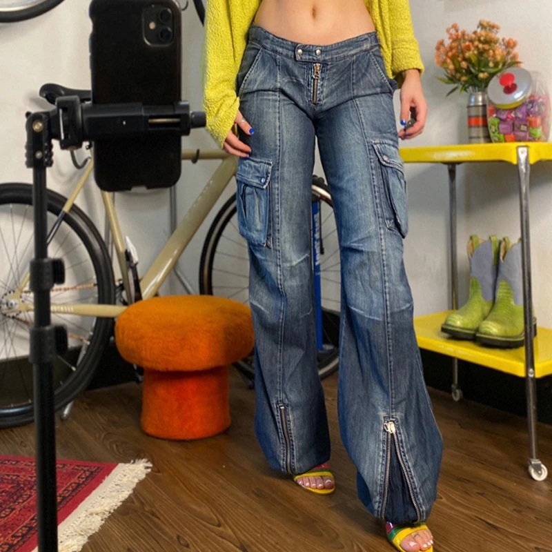 

Korean Style Harajuku Cargo Denim Pants y2k Grunge Retro Punk Style Low Rise Jeans Sweatpants Hot Mom Trousers Women Joggers