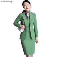 elegant women skirt suit for business work interview hotel wear apricot green blue slim single button blazer two piece set