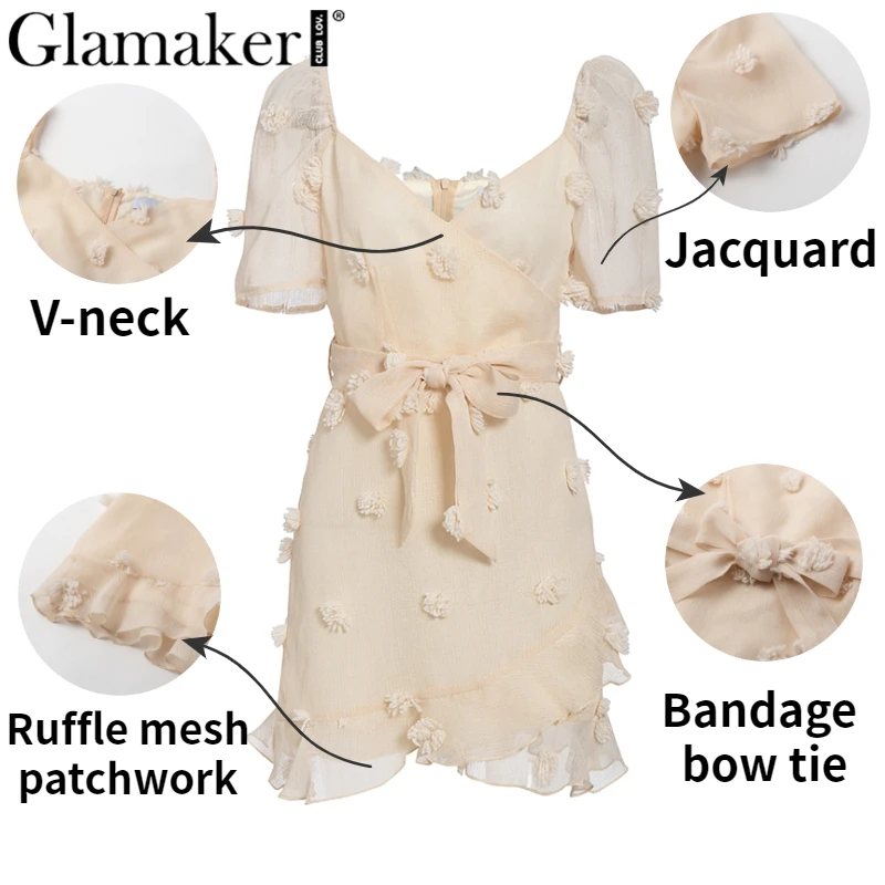 Женское короткое платье с пышными рукавами Glamaker элегантное Сетчатое миди