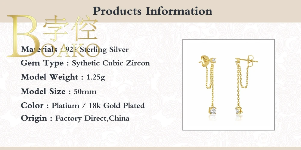 

BOAKO Chain Style Earrings For Woman 925 Sterling Silver Earrings Dangle Pendientes Diamond Jewelry Fashionable Luxury #8.9