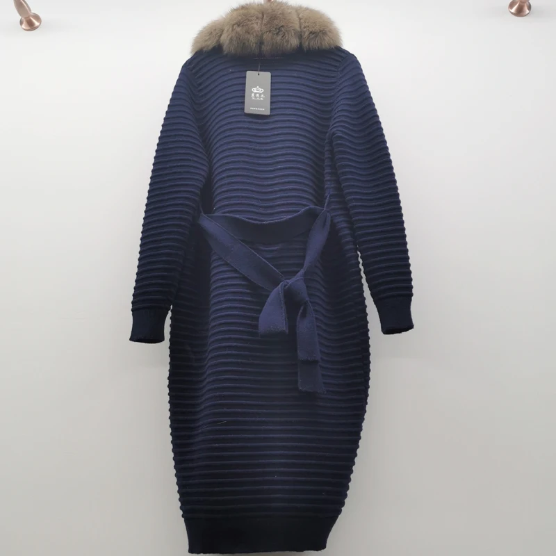 2022 New Wool Fur Sweater Cardigan Coat Women Knitted Trench With Large Detachable Fox Fur Collar Winter Long Jacket