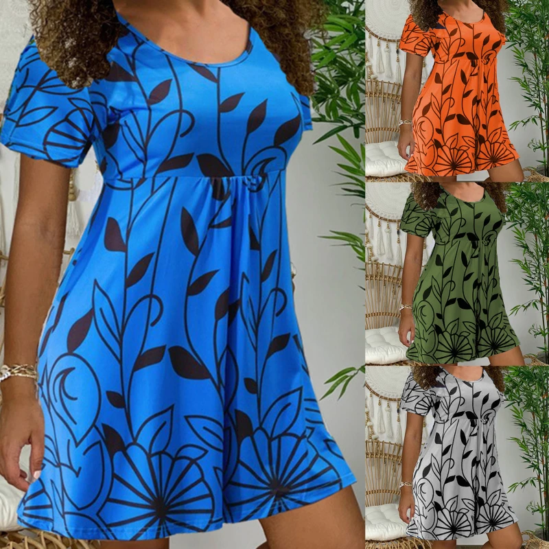

2021 New Summer Dresses Women Casual Short Sleeve O-Neck Print A-line Dress Streetwear Sundress Loose Dress