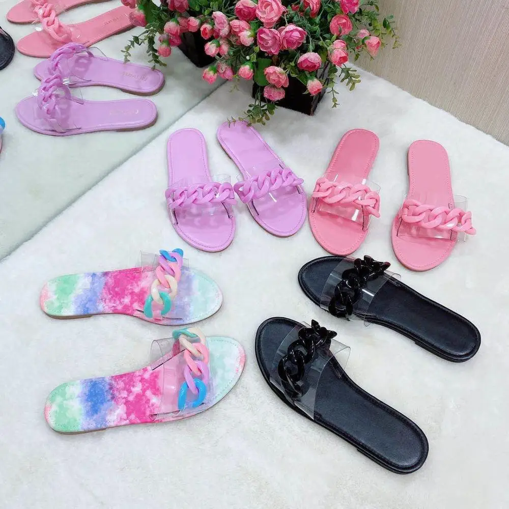 

2020 Women Summer Flat Slippers Chain Printed Outside Jelly Shoes Gladiator Sandals Slides for Women 9291