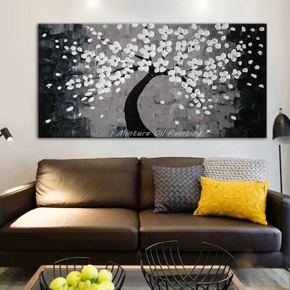 

Ручная роспись черно-белое украшение Цветочное дерево абстрактная Современная картина маслом на холсте домашний декор настенные художественные украшения для дома