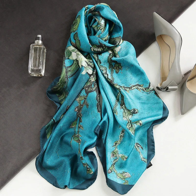 

Spain Luxury Silk Scarf Women Designer Van Gogh Oil Painting Floral Silk Shawls Pashmina Ladies Wraps Scarves Foulard New Hijab