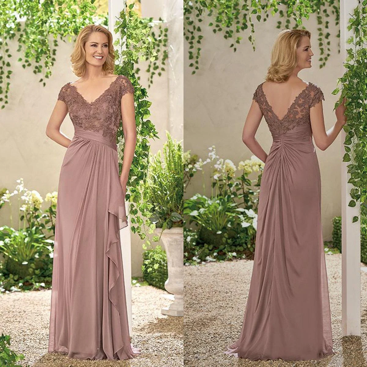 

Dusty Rose Plus Size Mother Of The Bride Dresses Short Sleeves A-Line V Neck Empire Waist Wedding Formal Groom Mother Gowns Long