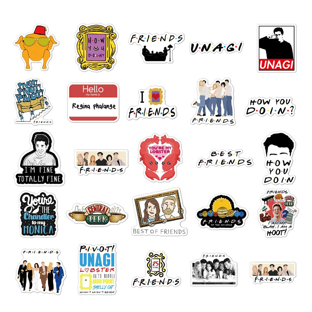Pegatinas de dibujos animados para serie de TV Friends, accesorios para coche, bicicleta, equipaje de viaje, guitarra, port&aacute;til, impermeable, DIY, divertidos adhesivos cl&aacute;sicos juguetes, 10/30/50 Uds.-2