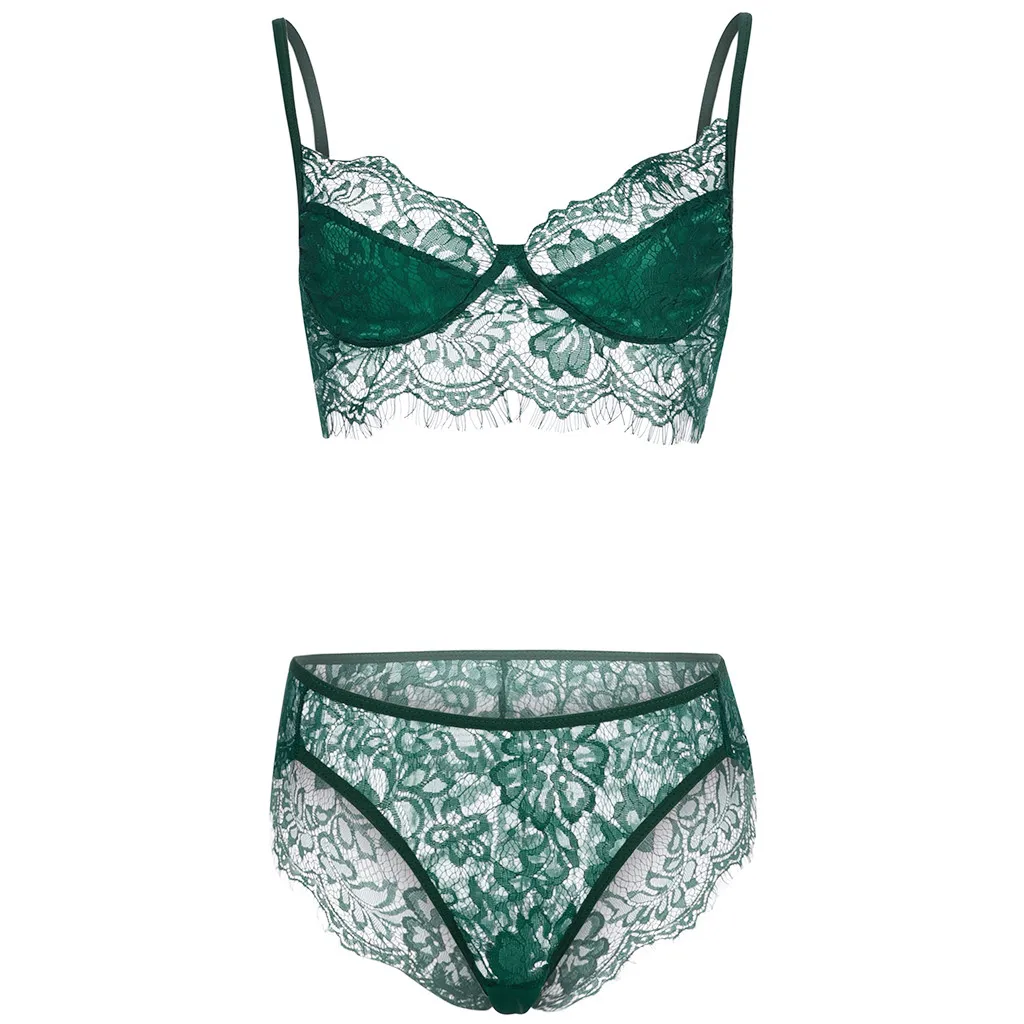 Модный Зеленый женский сексуальный комплект с бюстгальтером кружевной ажурный
