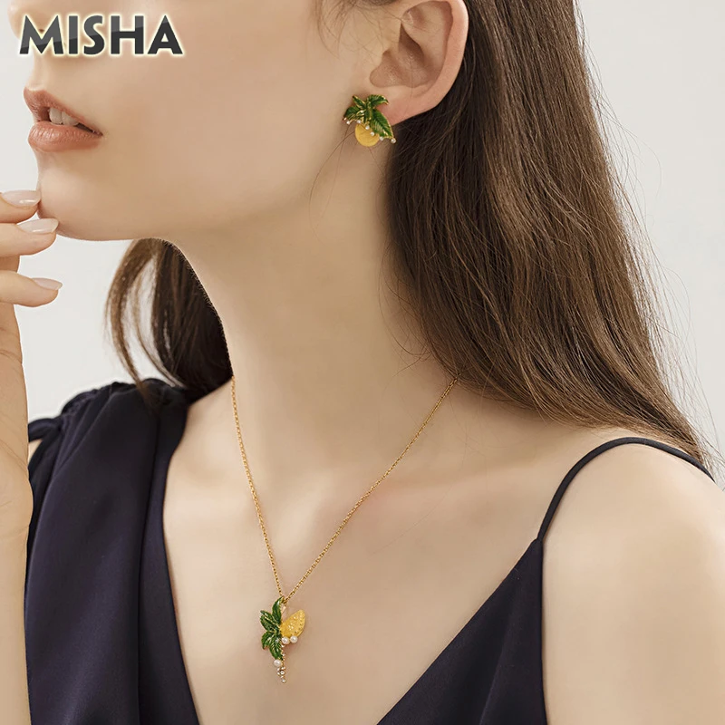 

MISHA Lovely Necklace Earrings For Women Handmade Enamel Glazed Lemon Design Earrings Trendy Charms Jewelry Gifts For Girls