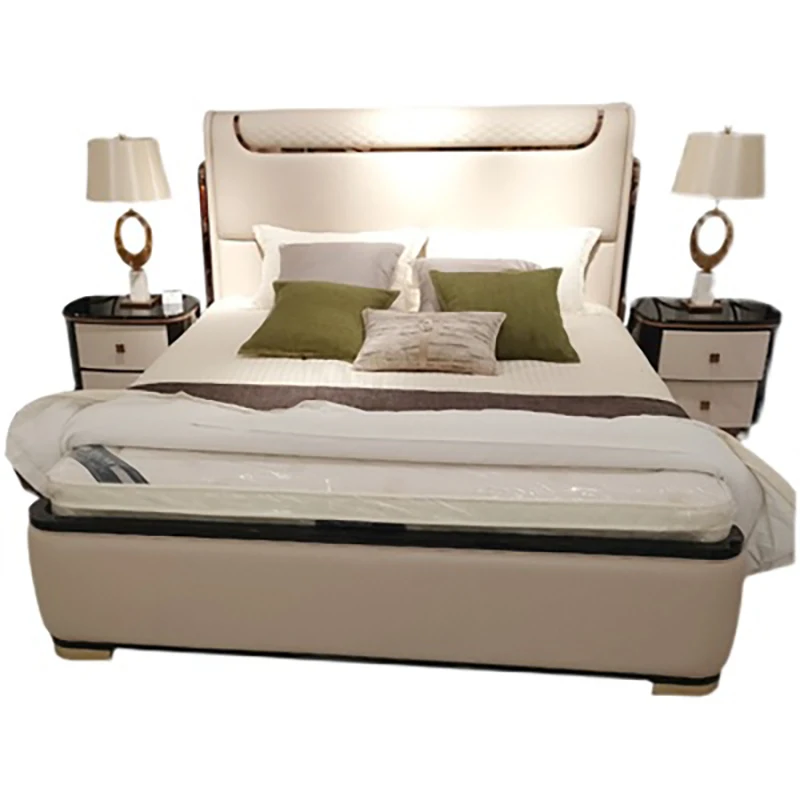

Italian style light luxury leather 1.8m double bed master bedroom wedding bed ins net red bed simple solid wood storage leather